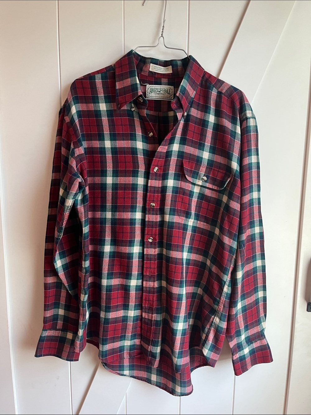 American Eagle Outfitters Red, Green & White Plaid Button-Down Shirt